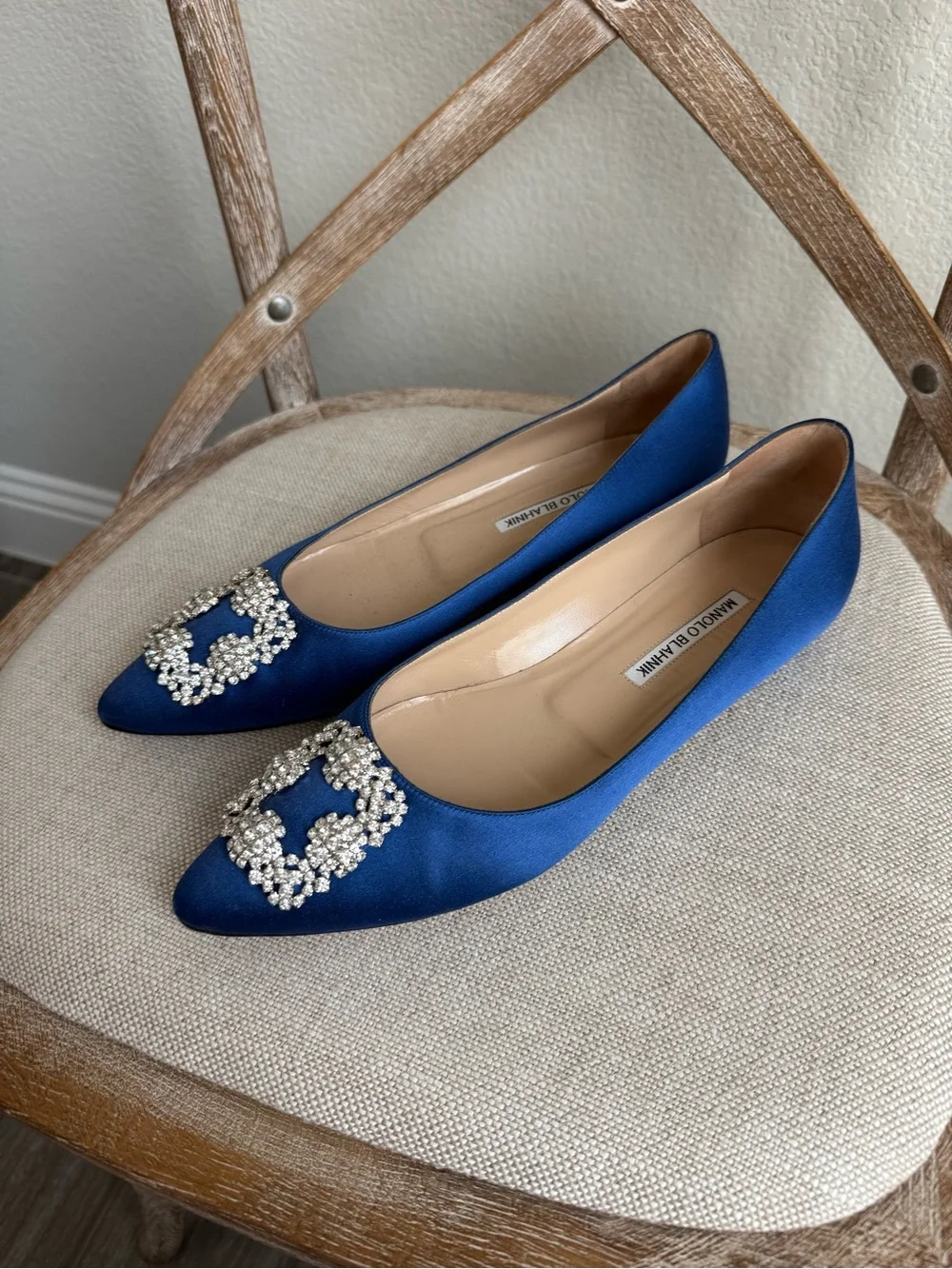 Manolo Blahnik Blue Satin Jewel Buckle Flat Pumps
